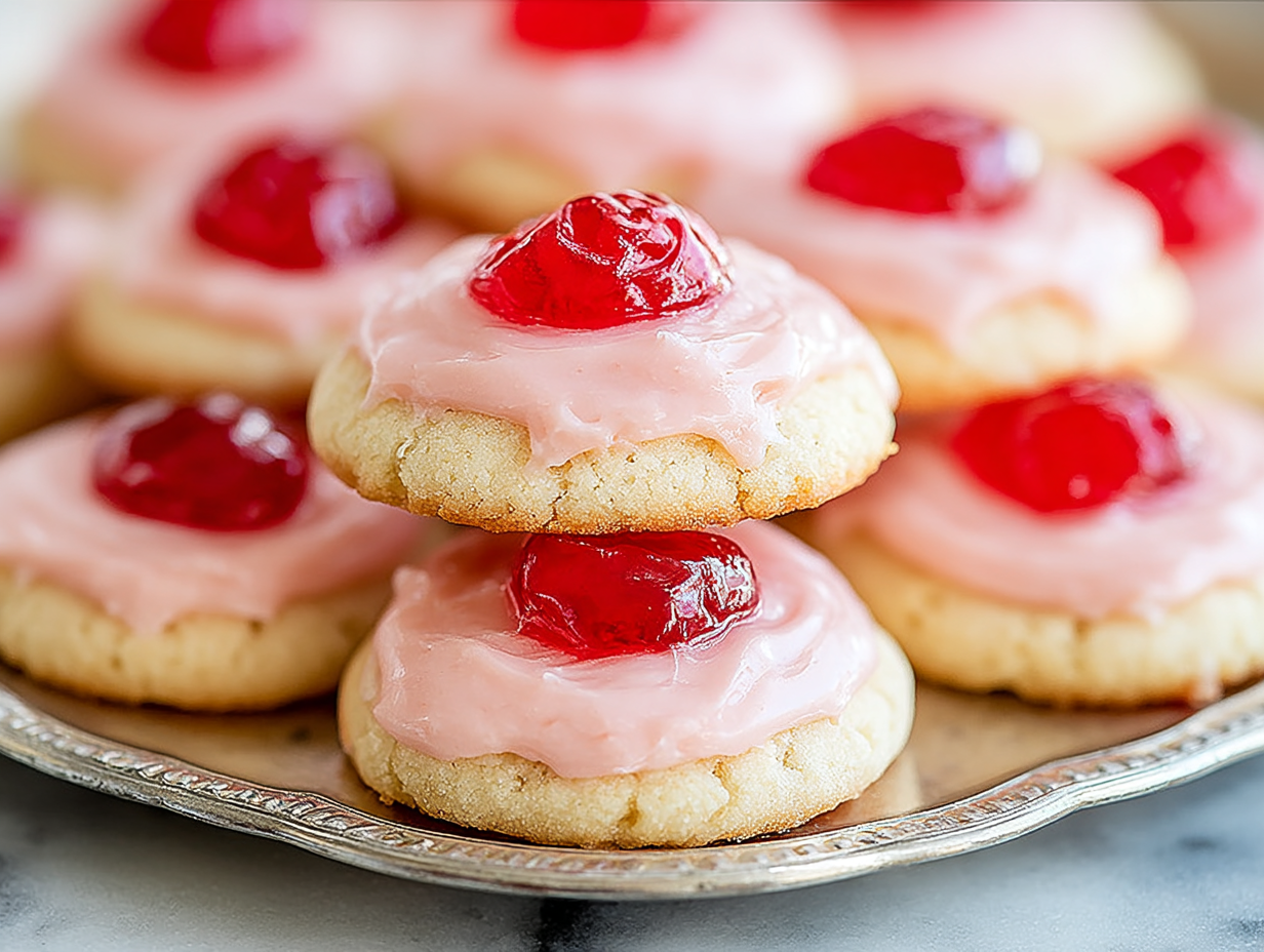 A plate of almond cherry cookies with pink frosting and red sprinkles.