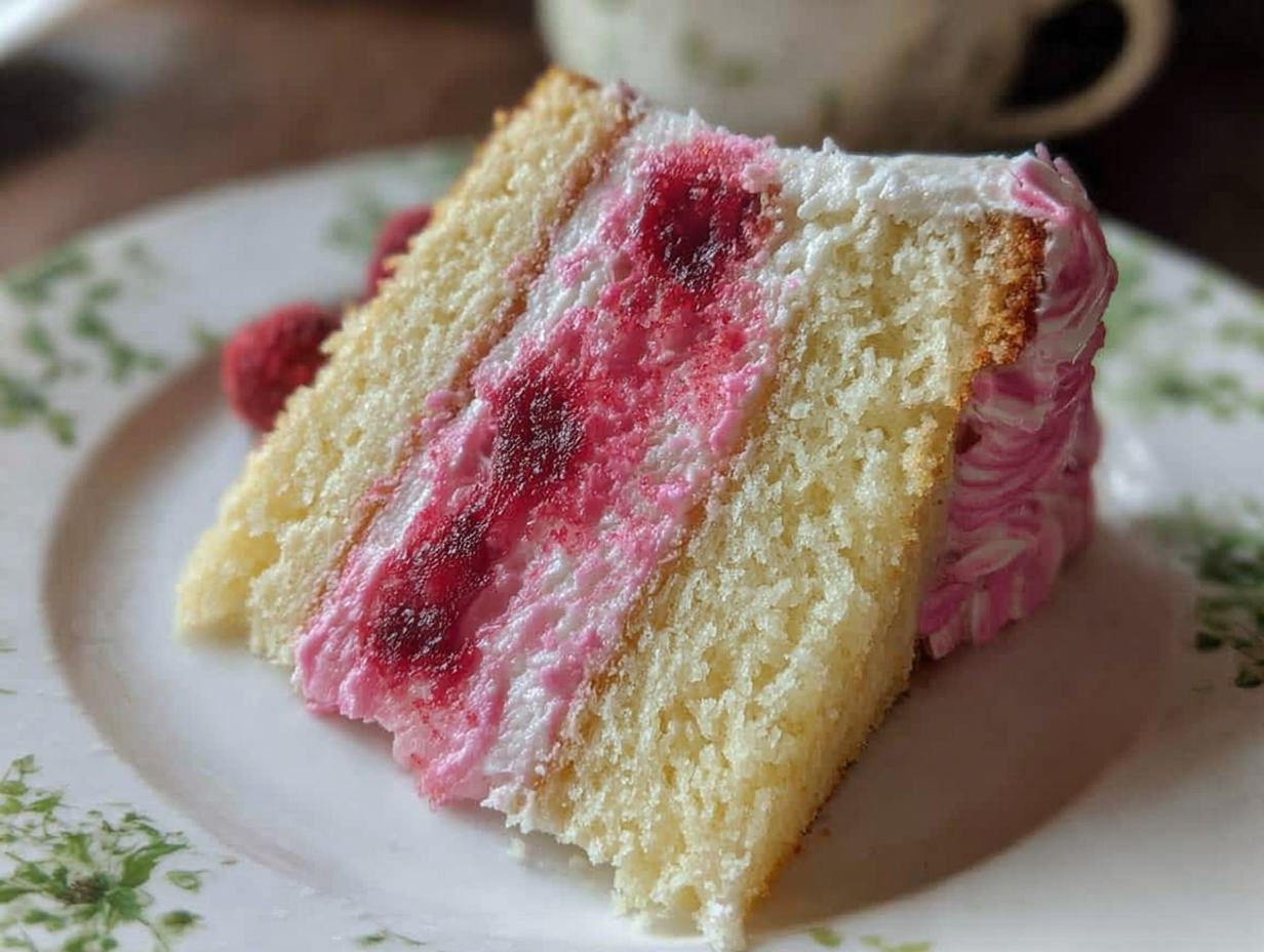 A slice of homemade strawberry Italian cream pound cake on a white plate