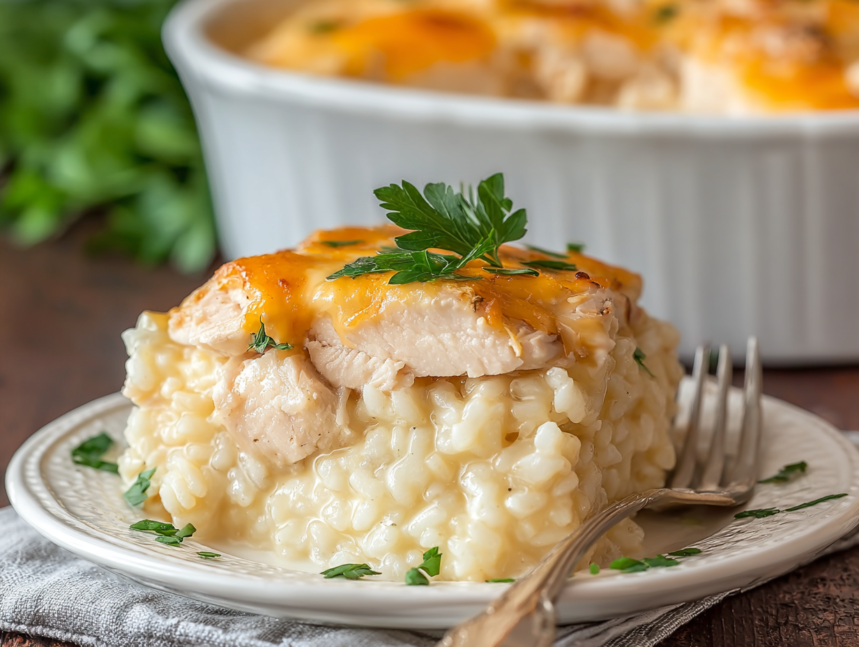 Angel Chicken Rice Casserole in a white baking dish