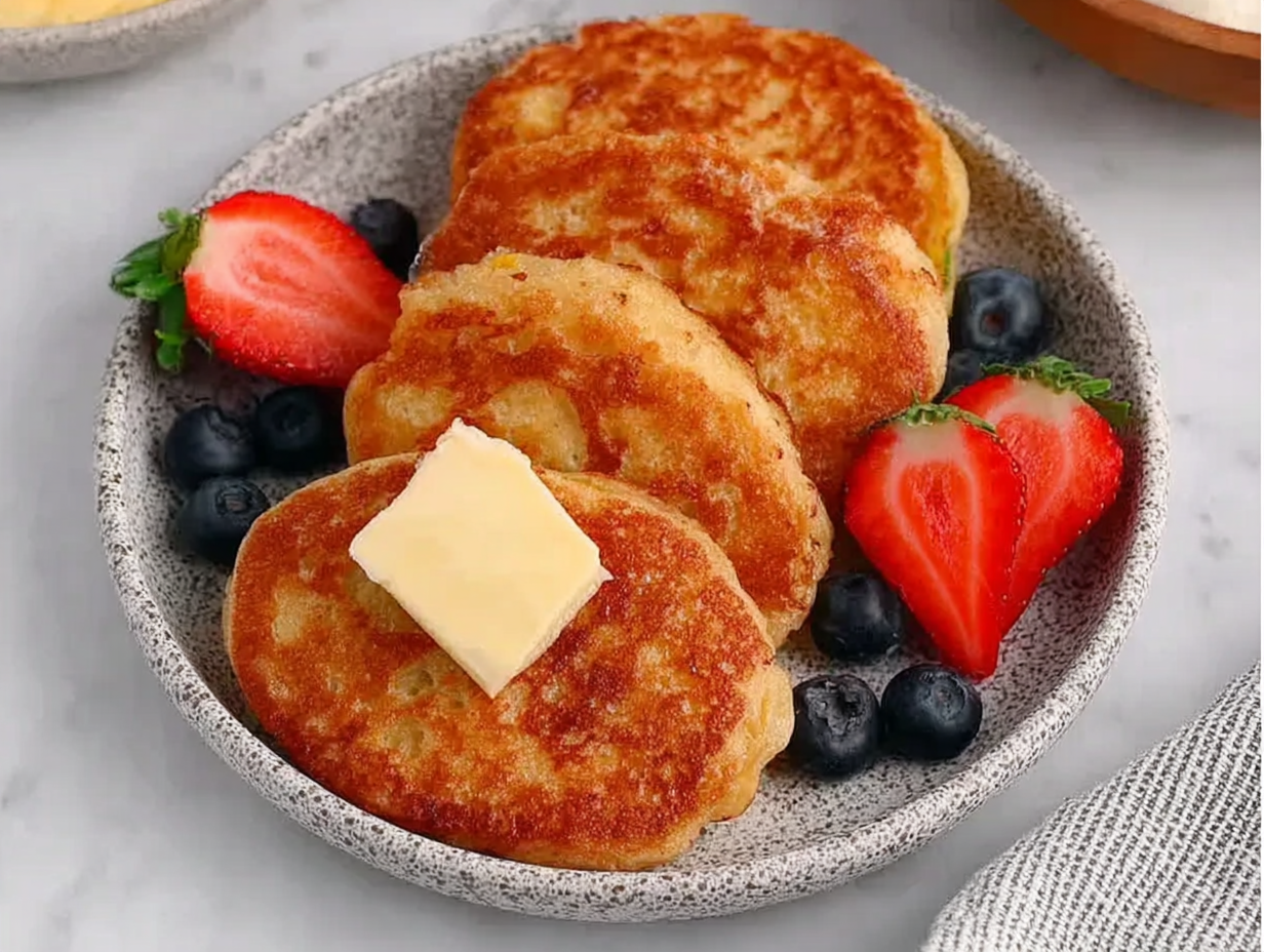 A plate of golden-brown cinnamon french toast biscuits topped with butter and syrup.