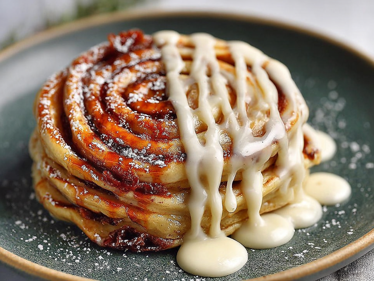 A stack of fluffy cinnamon roll pancakes drizzled with cream cheese glaze on a white plate.