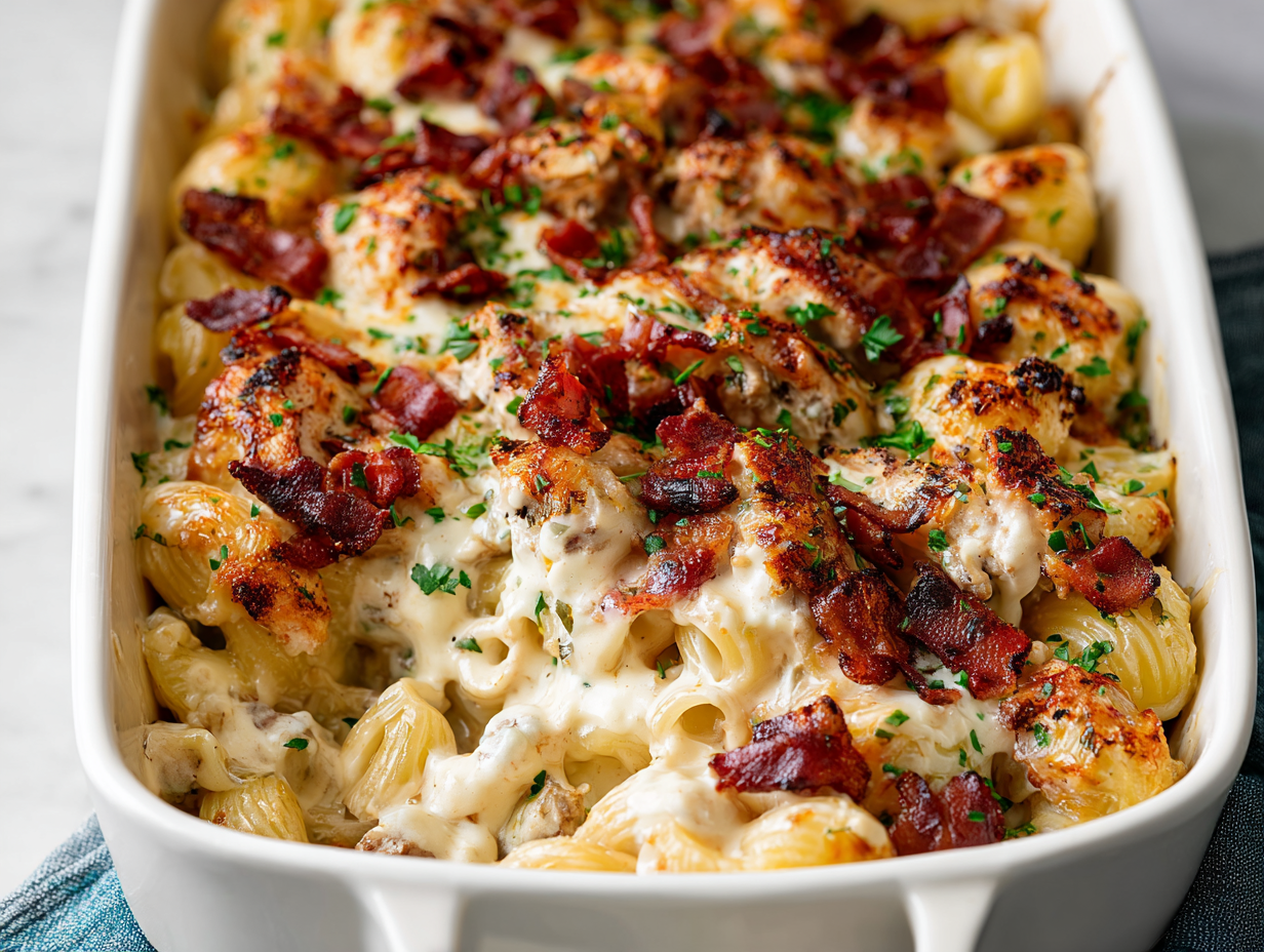 A serving of Crazy Good Casserole in a white bowl, garnished with green onions.