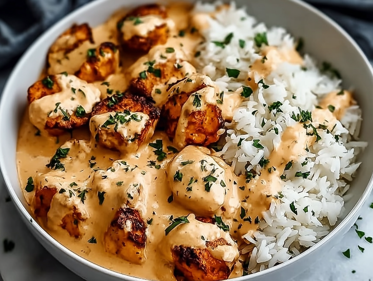 Creamy Smothered Chicken and Rice in a skillet