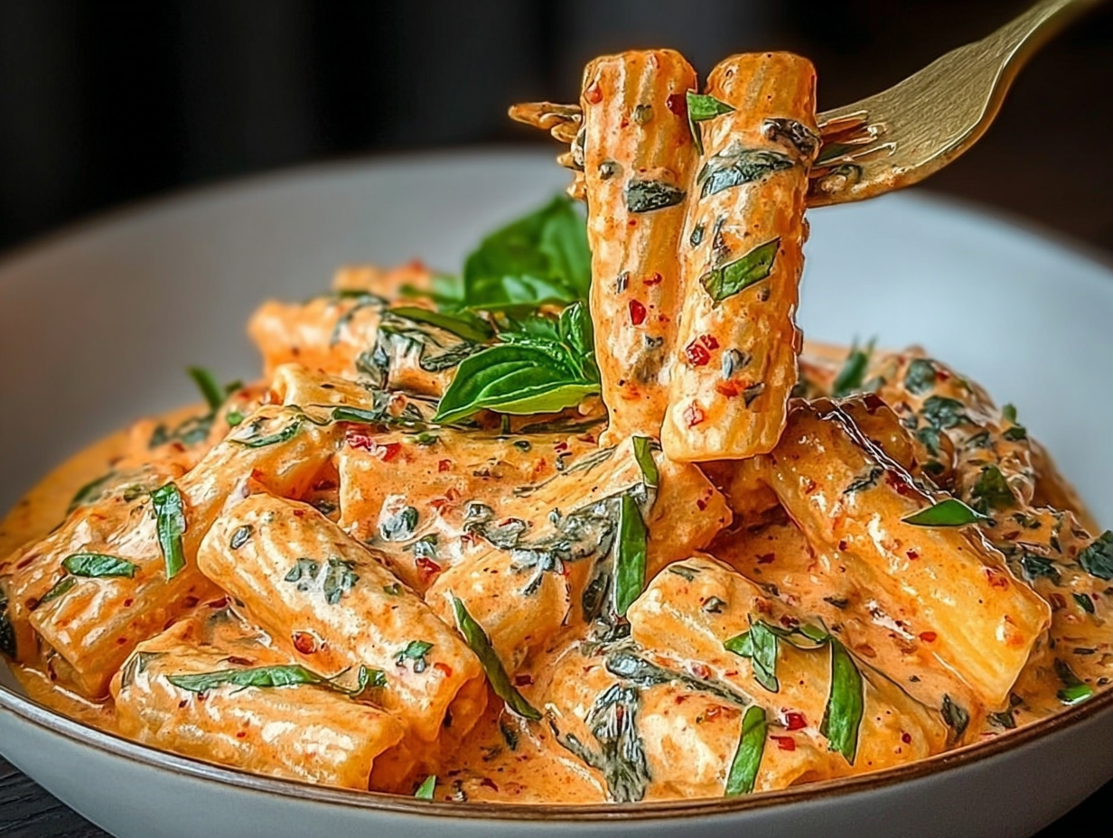 A bowl of creamy tomato garlic pasta topped with parmesan cheese and fresh basil.