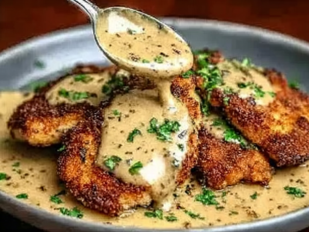 Crispy Parmesan Chicken with a rich garlic sauce in a skillet