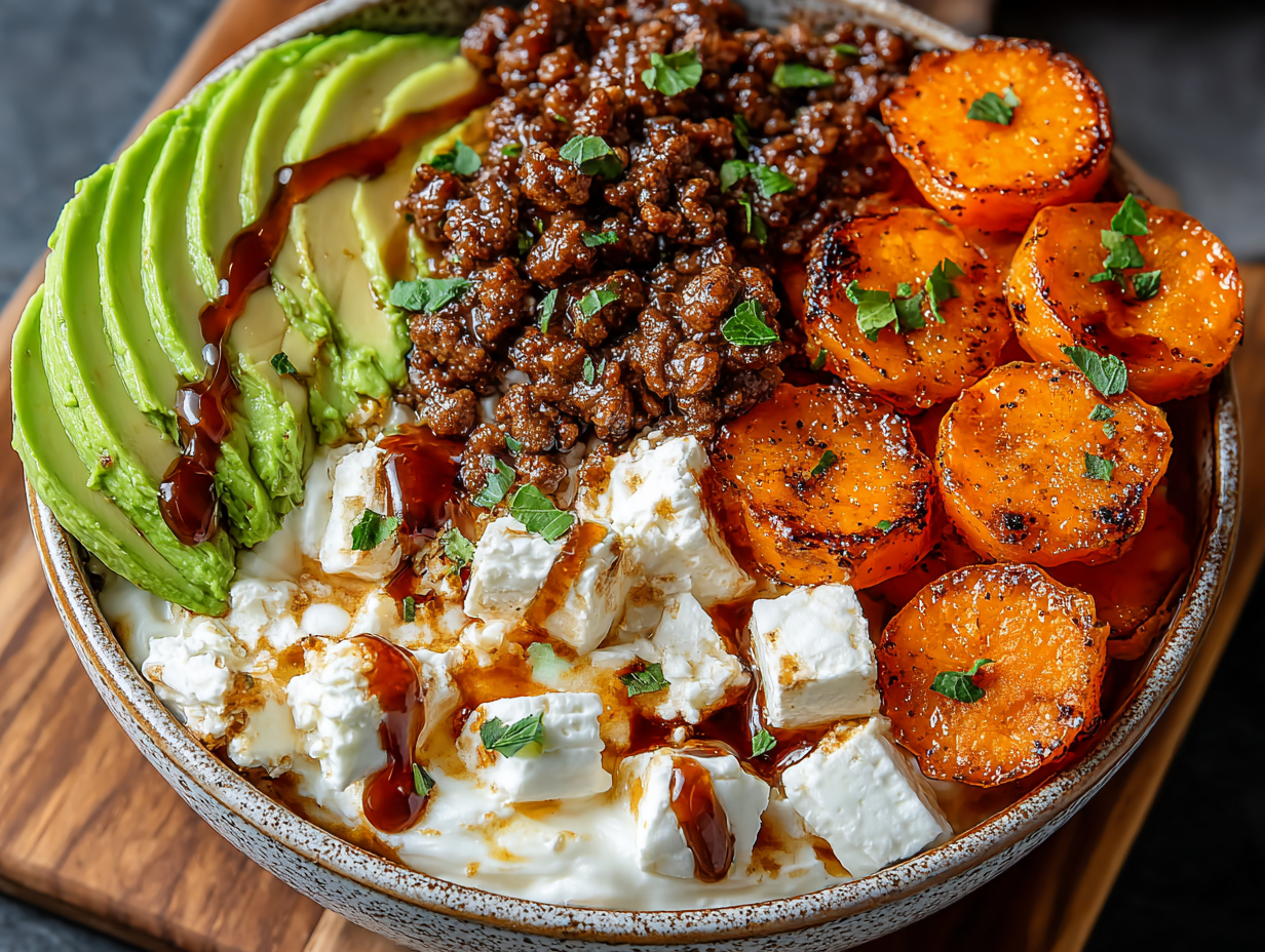 A vibrant Ground Beef Hot Honey Bowl with roasted sweet potatoes, seasoned beef, fresh avocado, and a drizzle of hot honey.
