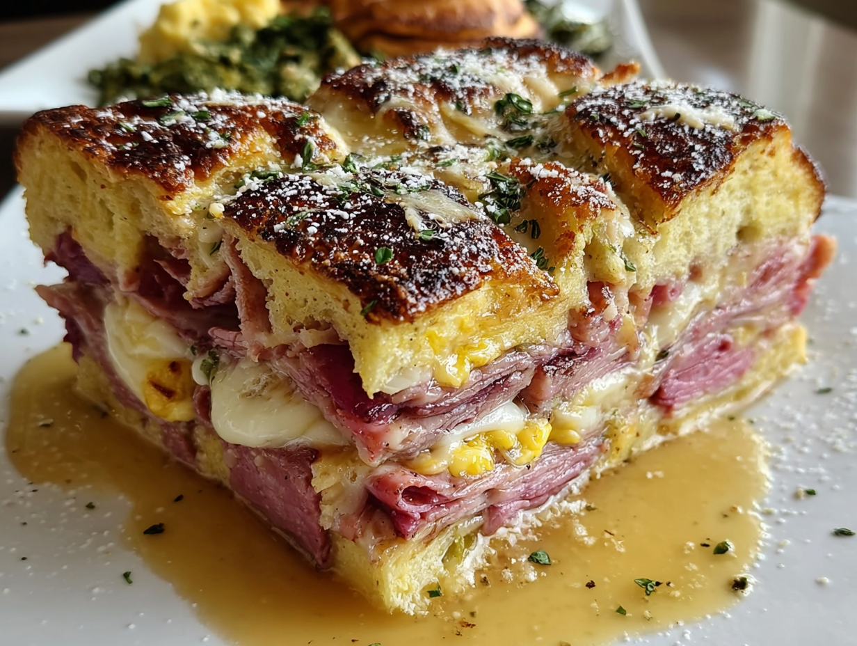 A slice of Monte Cristo Breakfast Casserole on a plate, dusted with powdered sugar and served with a side of raspberry jam.