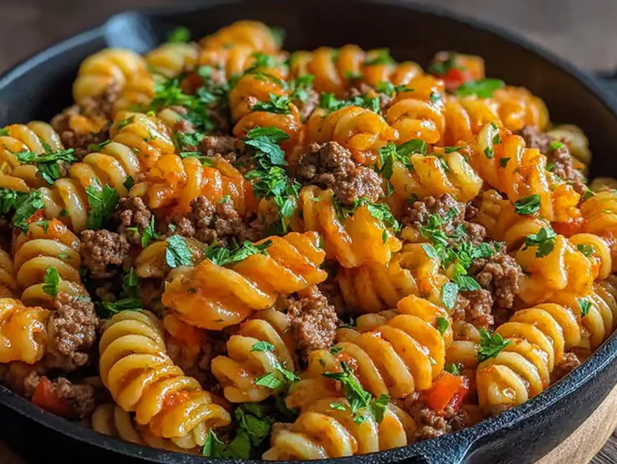 One Pot Beef Taco Pasta in a skillet