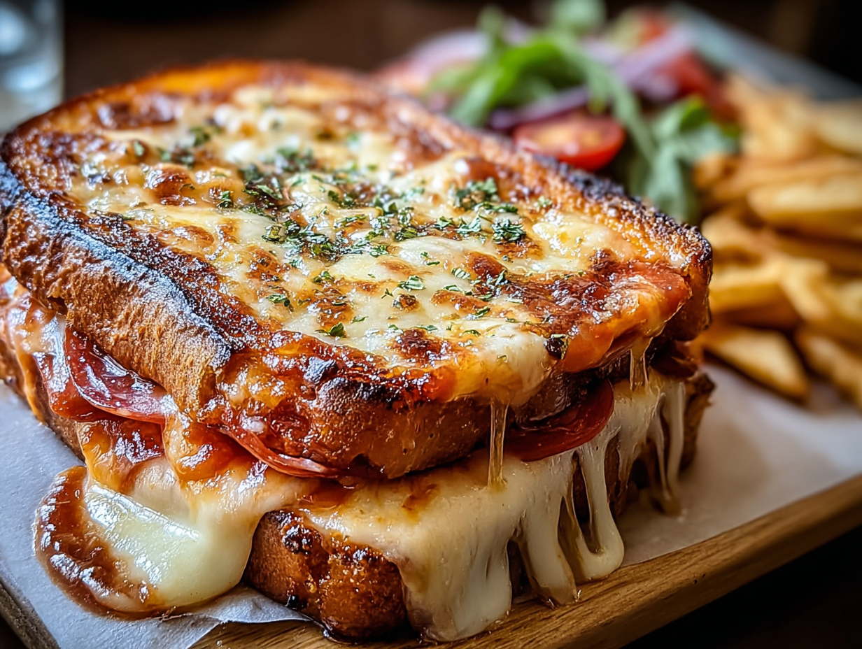 A golden-brown Pizza Grilled Cheese sandwich cut in half, with cheese pulling between the two pieces.
