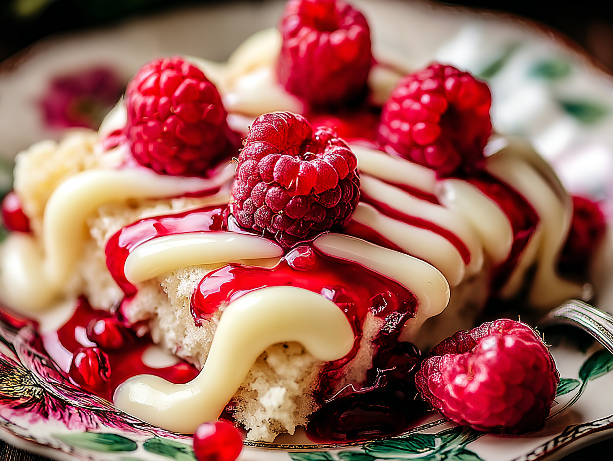 Raspberry Shortbread Recipe with a white chocolate drizzle on a plate