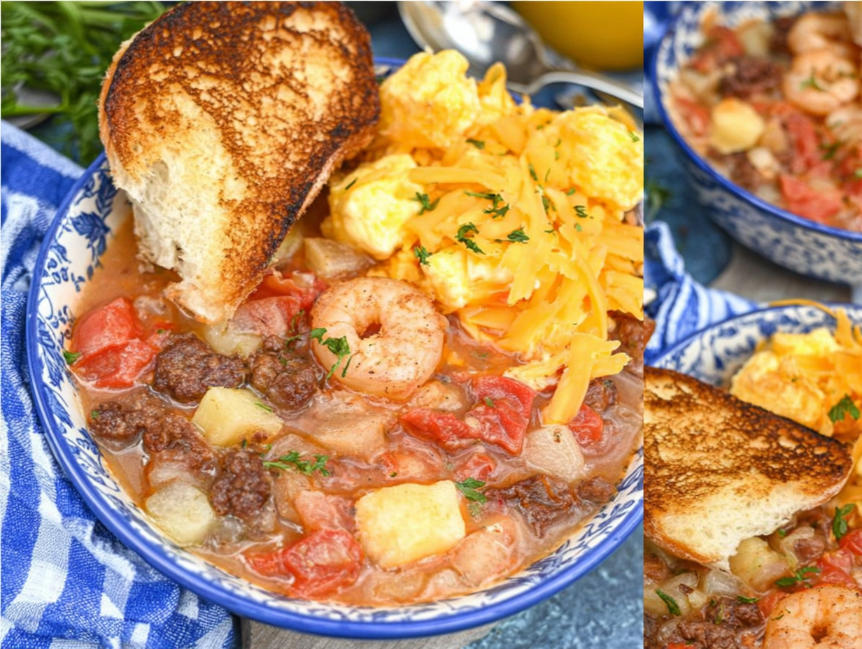 A bowl of slow cooker breakfast soup topped with scrambled eggs and bacon