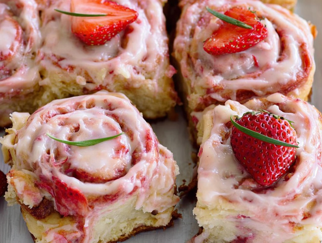 A pan of freshly baked strawberry cinnamon rolls with pink cream cheese icing.