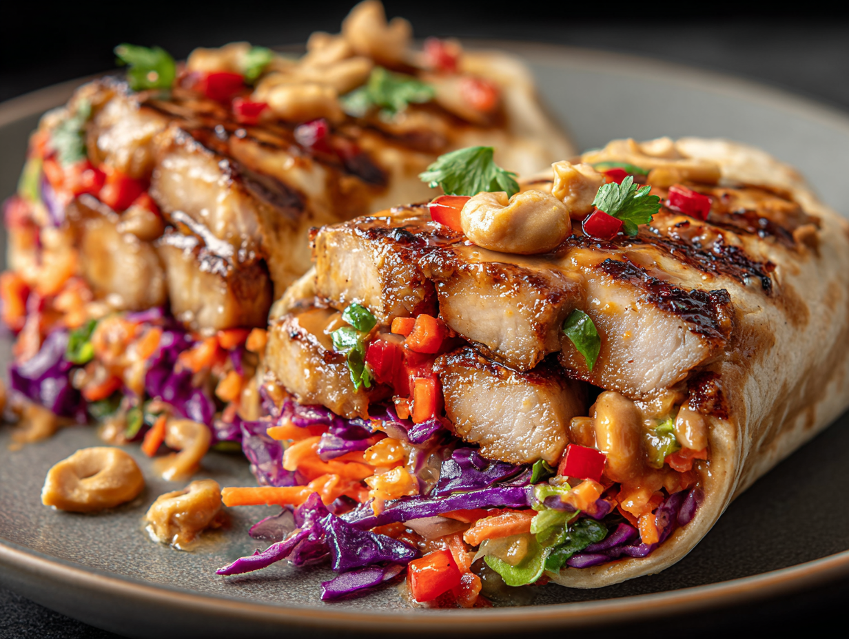 Thai chicken wrap with crunchy slaw on a plate