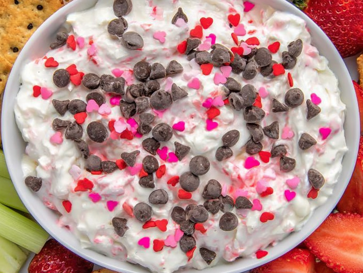Valentine Booty Dip in a white bowl with sprinkles