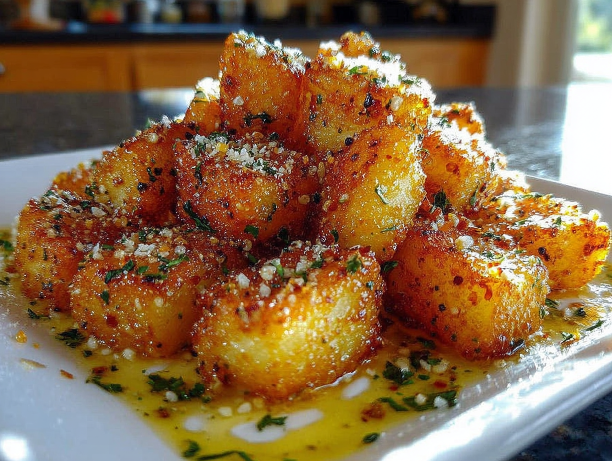 Crispy Parmesan Crusted Potatoes on a baking sheet