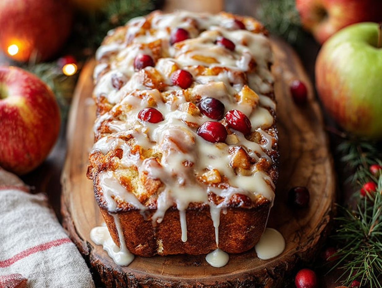 A slice of Amish Apple Fritter Bread on a plate, drizzled with glaze.