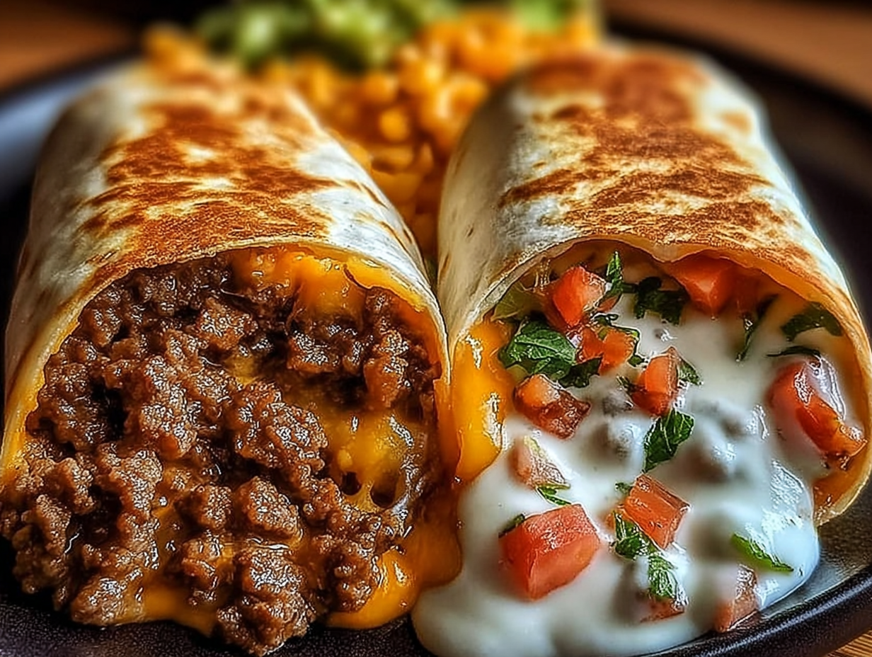 A golden-brown Beefy Melt Burrito cut in half to show the cheesy, beefy filling.