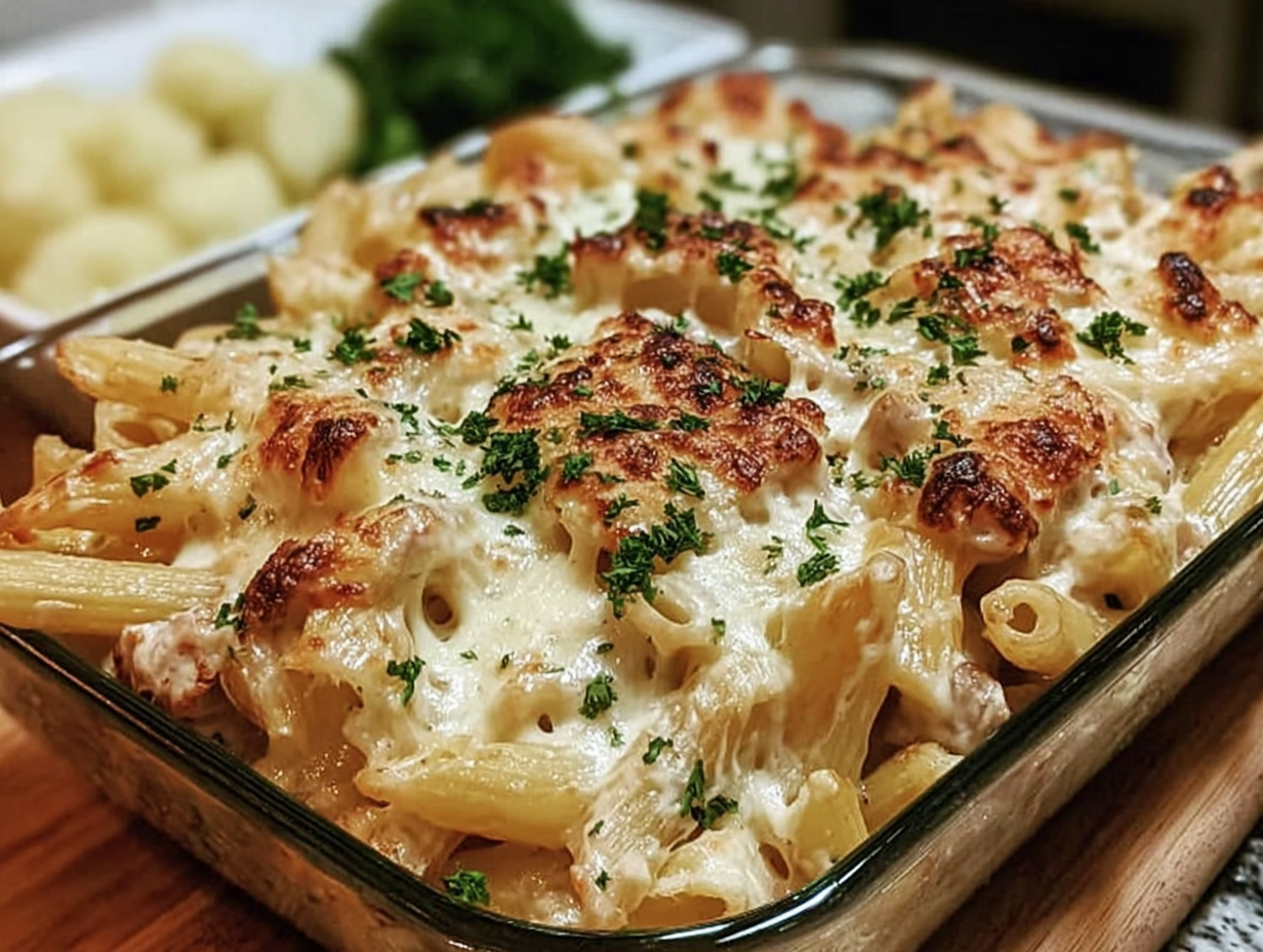 A casserole dish of golden-brown Chicken Alfredo Pasta Bake, garnished with fresh parsley.