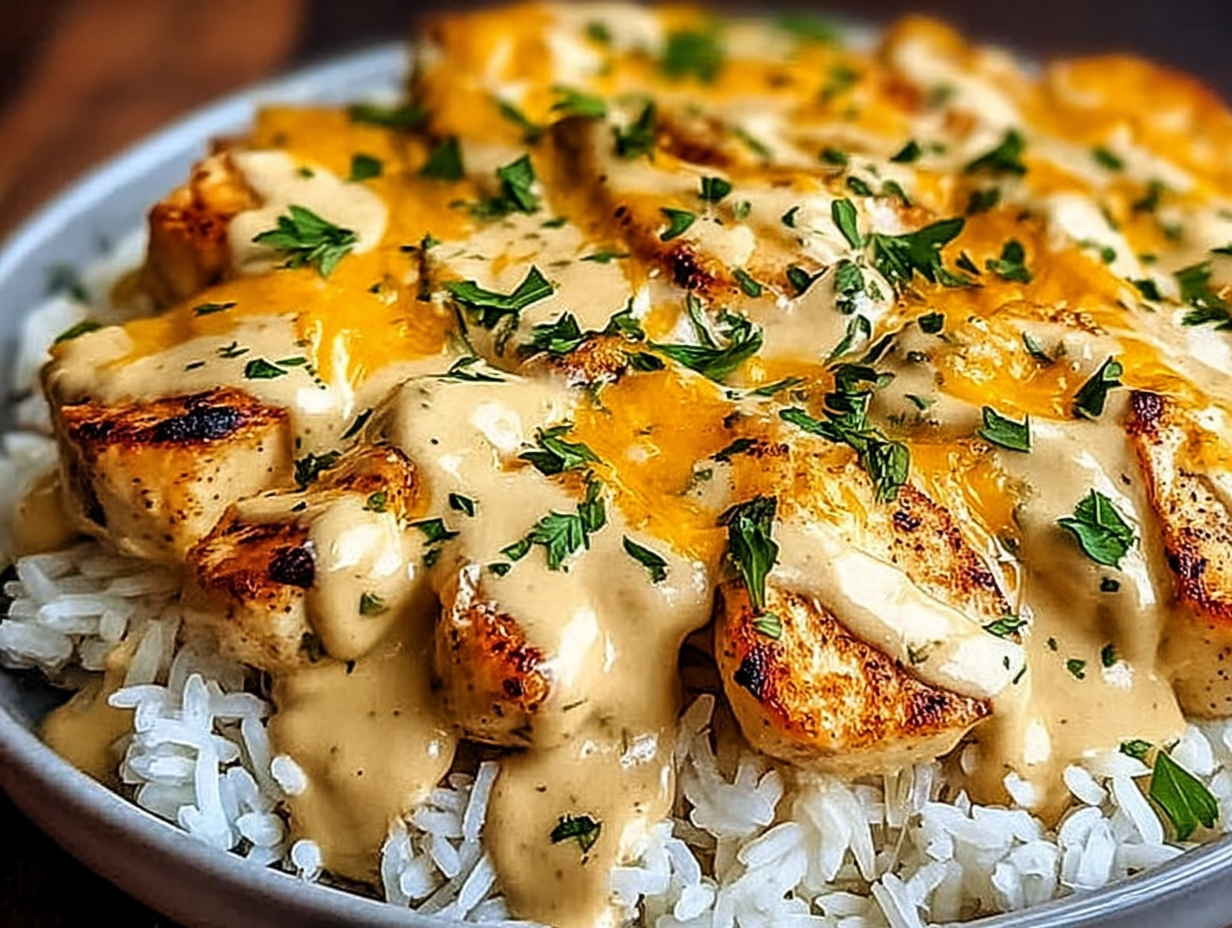 Creamy Smothered Chicken and Rice in a skillet