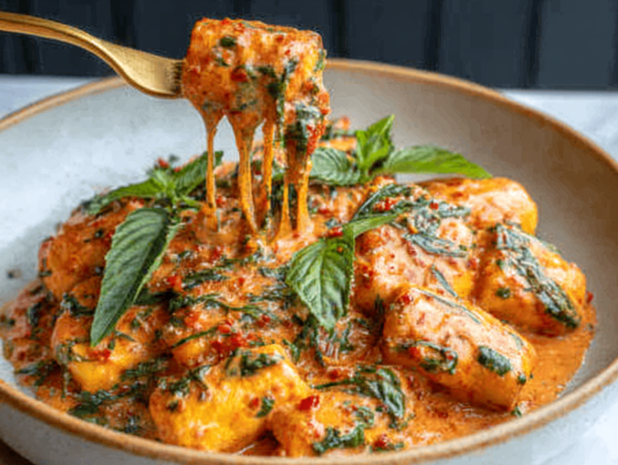 A bowl of creamy tomato garlic pasta topped with fresh basil