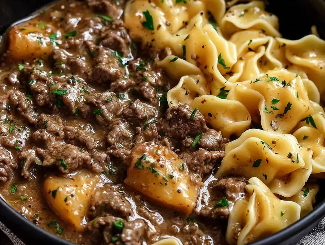 A bowl of easy beef and noodles, ready to eat.