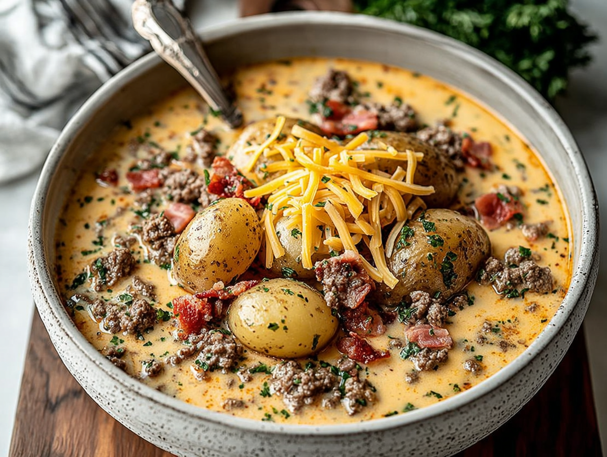 Easy Cheeseburger Soup in a white bowl with toppings