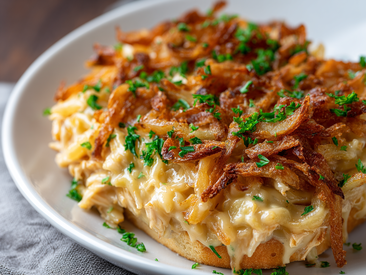 A serving of French Onion Chicken Orzo Casserole in a white bowl, showing the creamy orzo, chicken, and golden cheese topping.