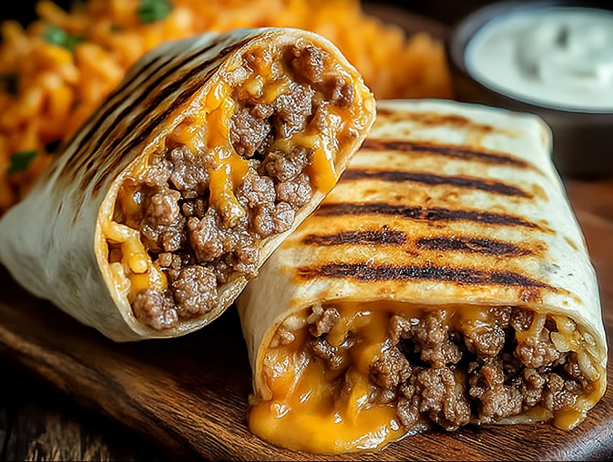 A finished grilled cheese burrito cut in half on a plate