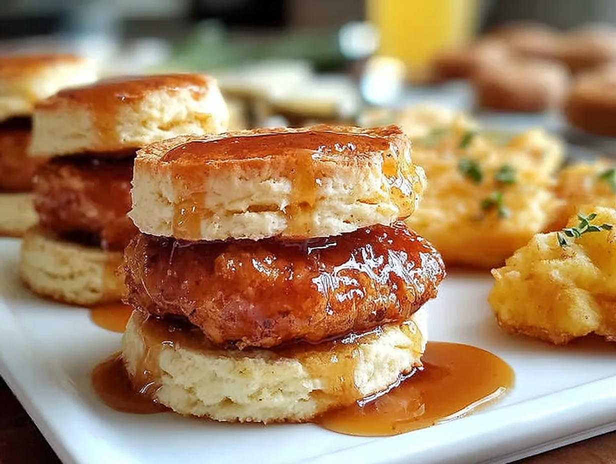 A plate of hot honey chicken biscuits, ready to be served.