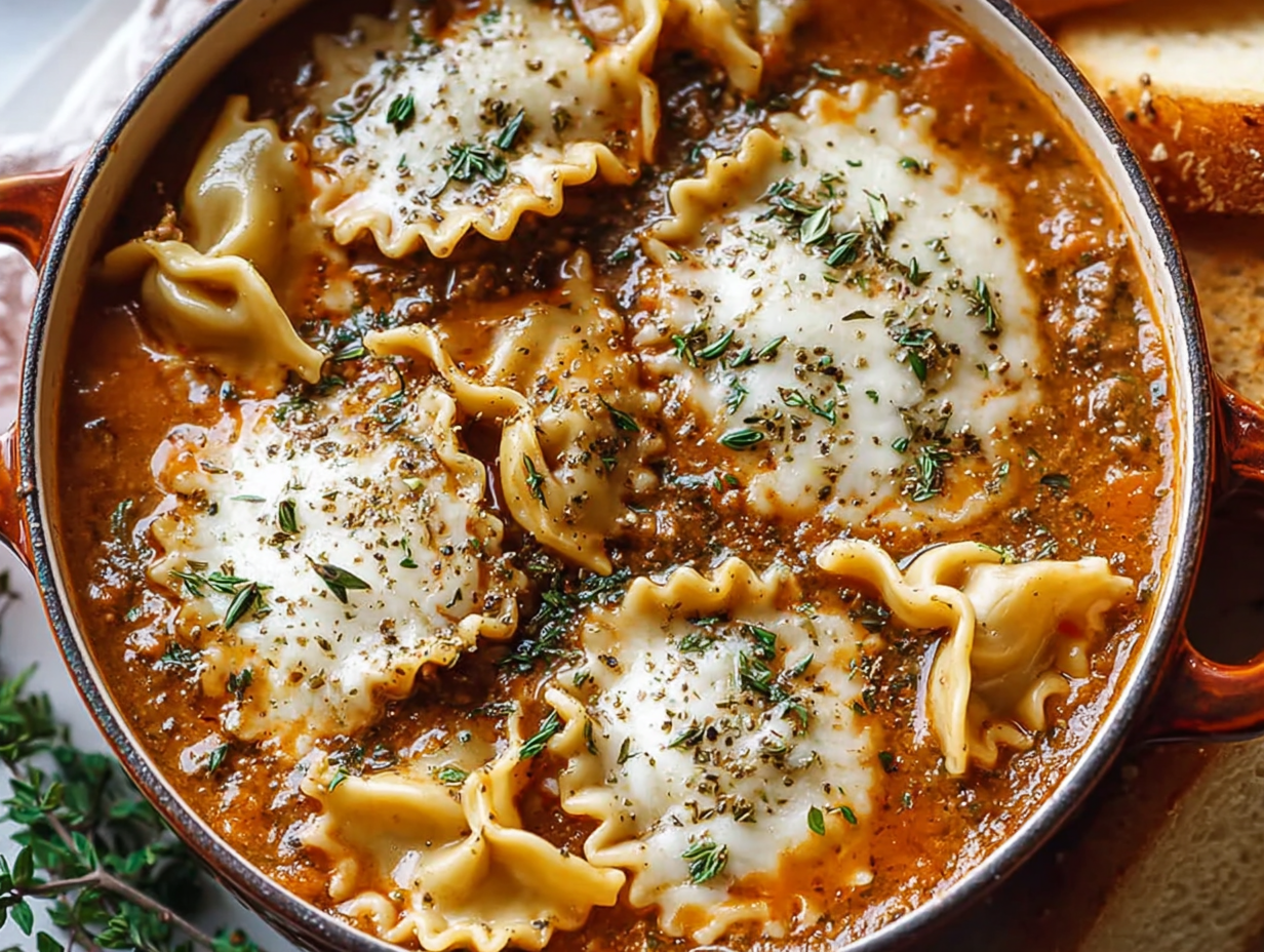 A hearty bowl of one-pot lasagna soup topped with cheese and fresh basil.