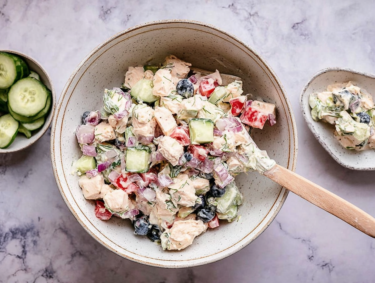 A bowl of Mediterranean Chicken Salad with fresh ingredients surrounding it.
