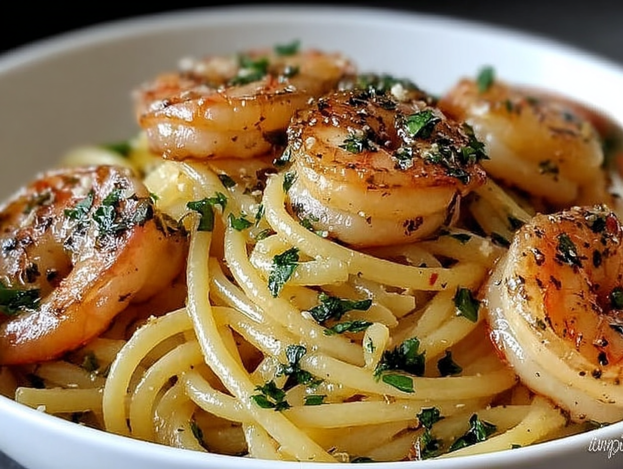 One-Pot Garlic Butter Shrimp Pasta in a skillet