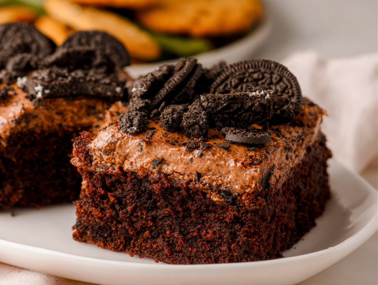 A slice of Oreo dirt cake on a white plate, showing the distinct layers of cake, pudding, and Oreo topping.