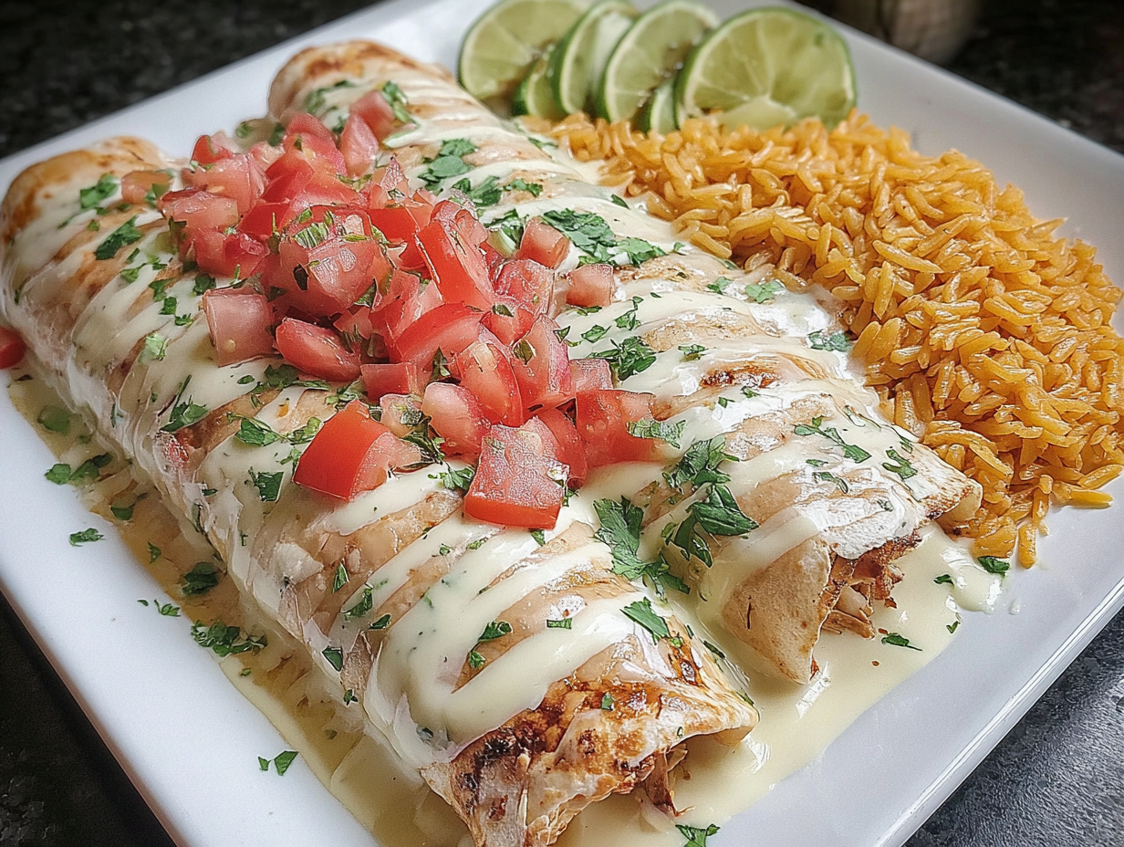 Queso Chicken Enchiladas in a white casserole dish
