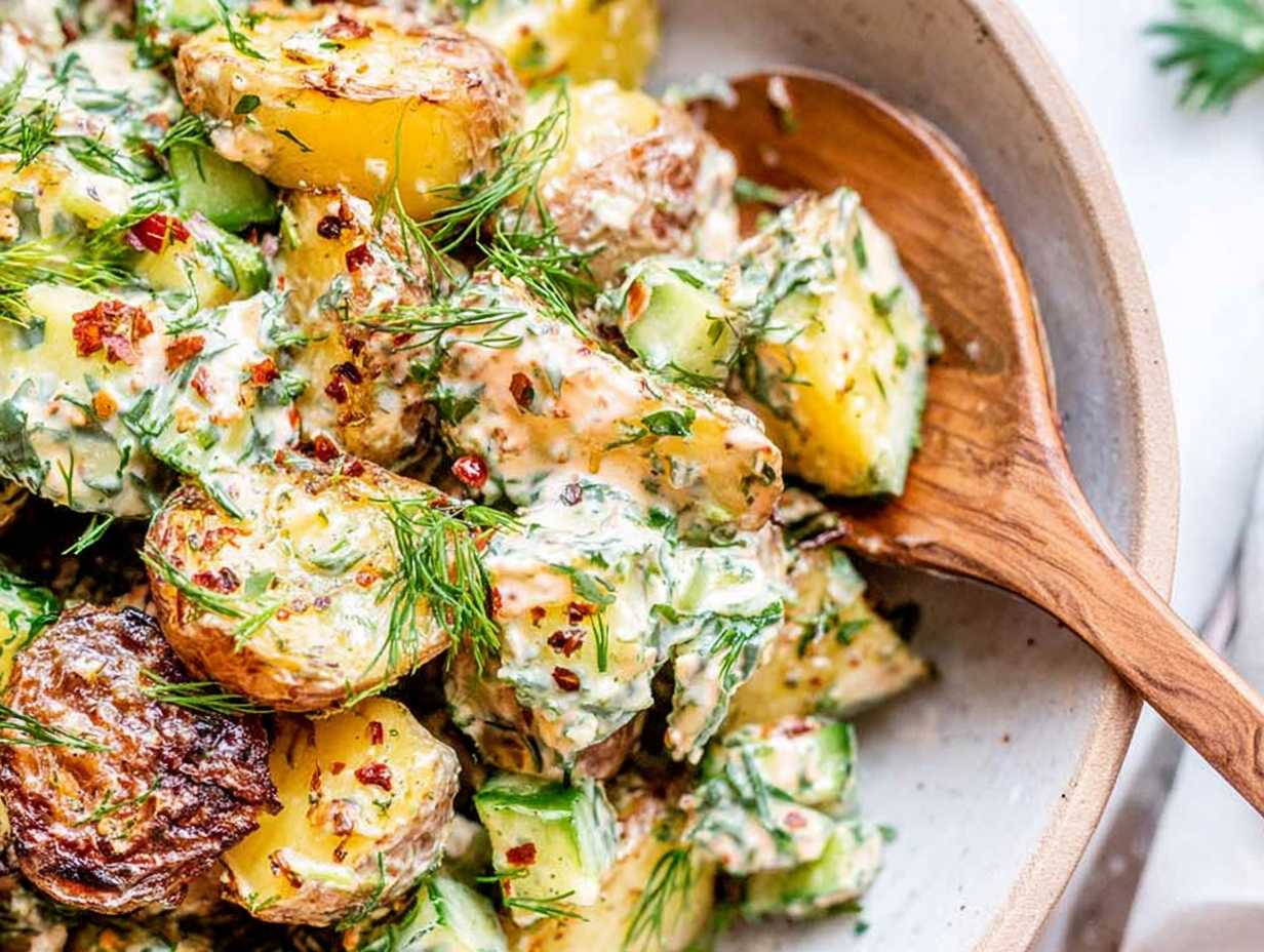 A bowl of roasted potato salad with fresh herbs and pistachios