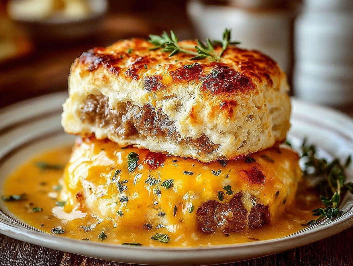 Sausage Cheese Butter Swim Biscuits on a baking sheet