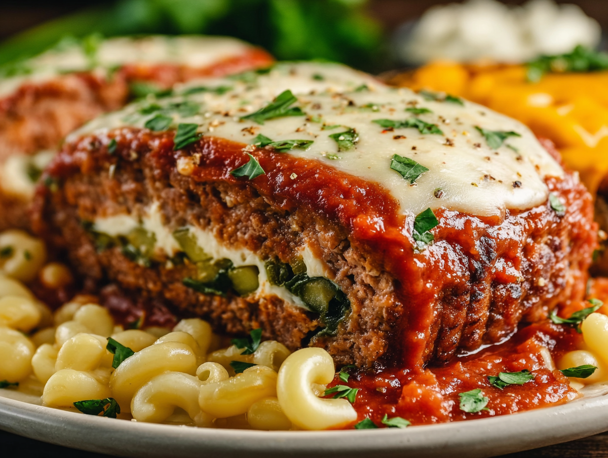A slice of stuffed Italian meatloaf with cheese oozing out, on a white plate.