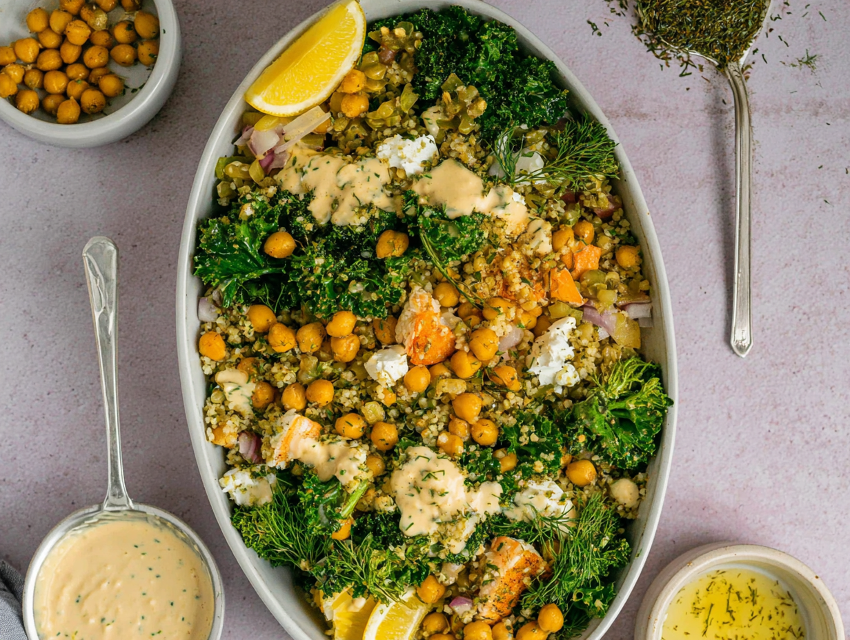 A bowl of warm broccoli couscous salad with chickpeas and fresh herbs.