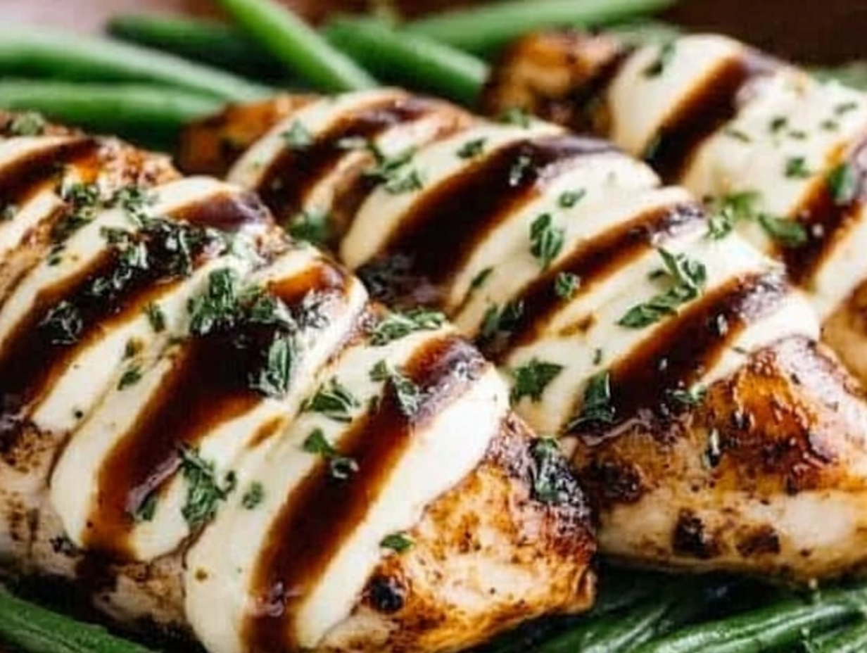 A close-up of Balsamic Baked Chicken Breast with Mozzarella Cheese in a white baking dish, garnished with fresh basil.