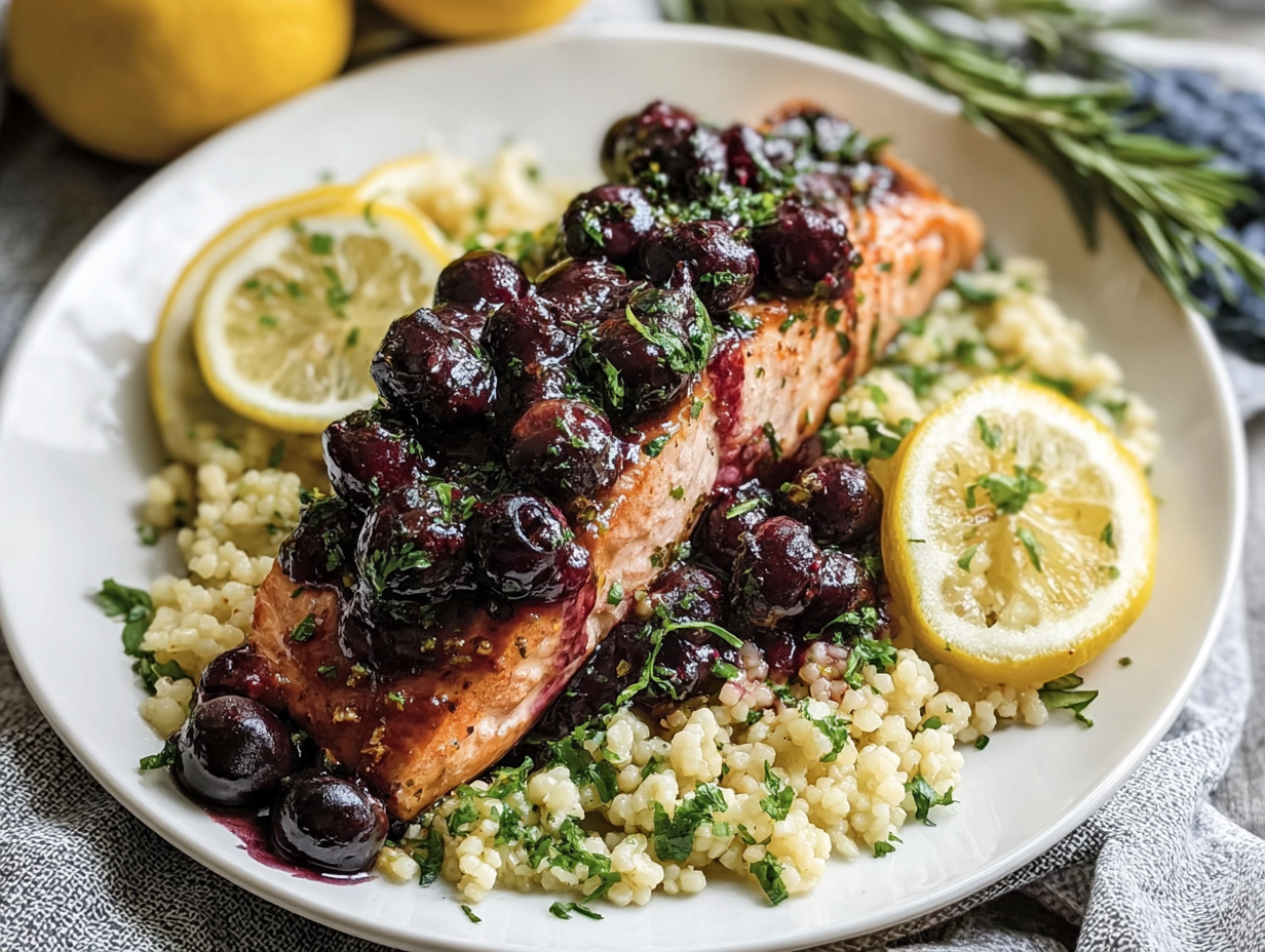 Blueberry Glazed Salmon on a plate with lemon herb couscous