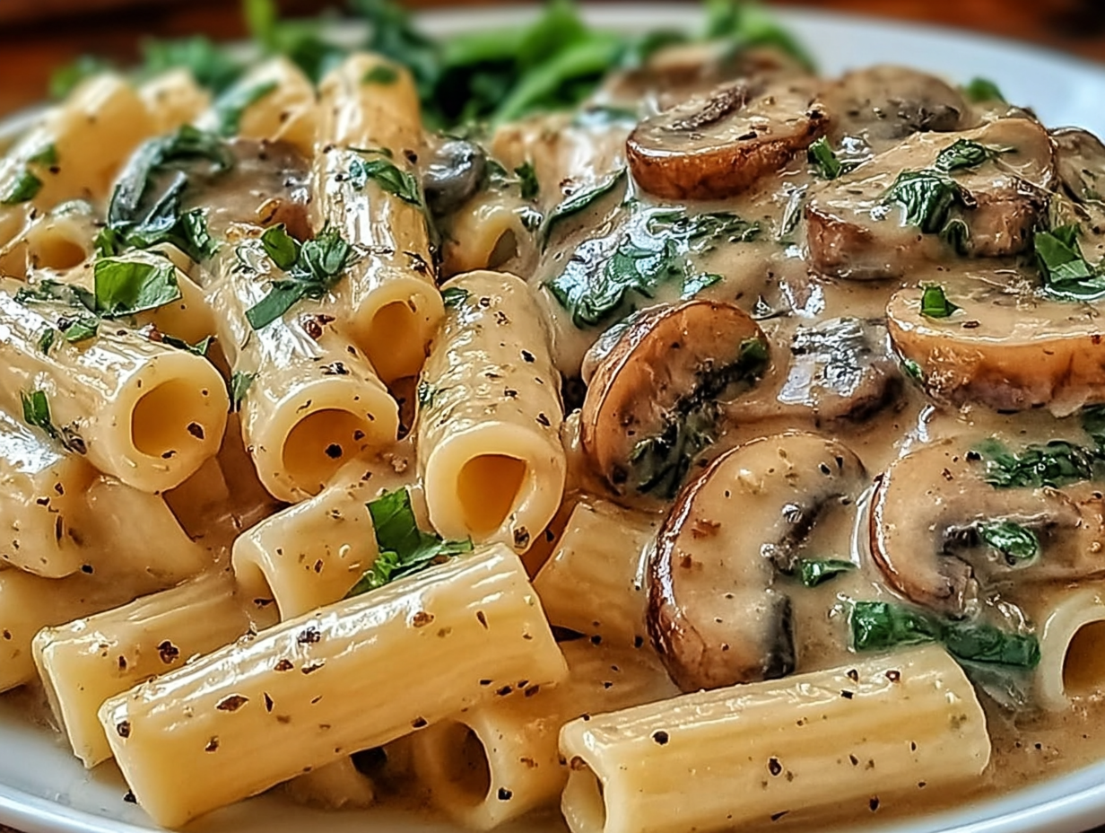 Creamy Tuscan Mushroom Pasta in a skillet