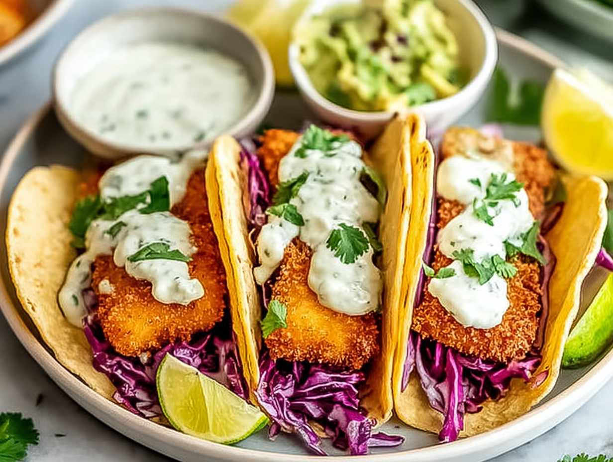 Crispy Baja Style Beer Battered Fish Tacos on a plate