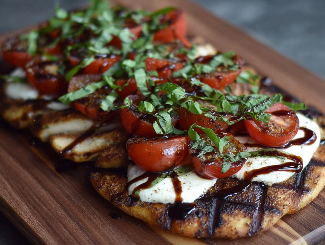 Easy Chicken Caprese Flatbread on a wooden board