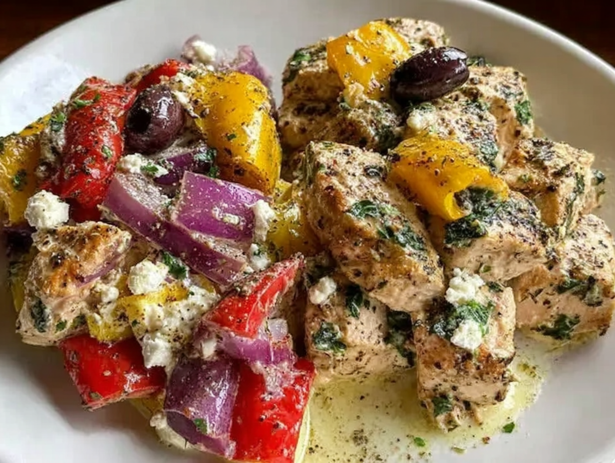 A close-up shot of the finished greek chicken casserole in a white baking dish.