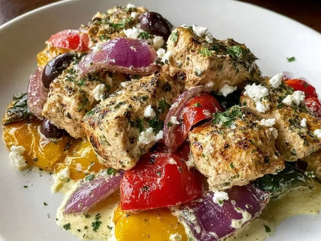 A golden brown Greek chicken casserole in a white baking dish, topped with melted feta and herbs.