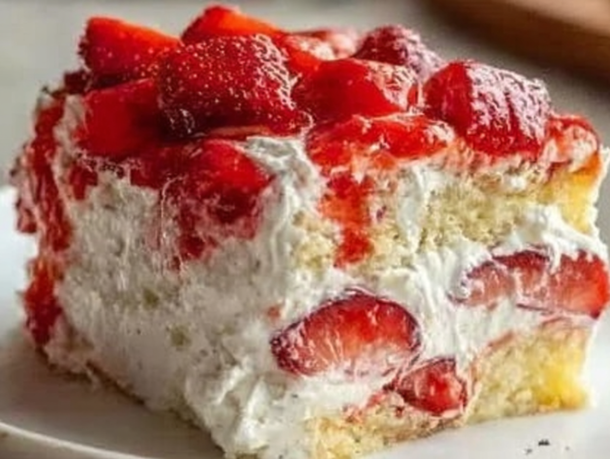 A slice of Heaven on Earth Cake on a white plate, showing layers of angel food cake, strawberries, and cream.