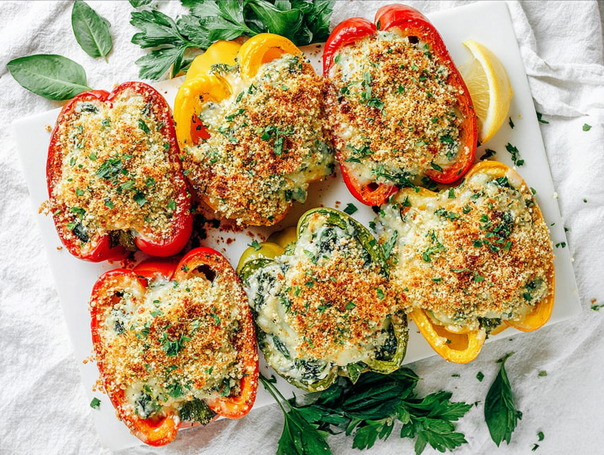 A baking dish of herby ricotta stuffed peppers, fresh out of the oven.