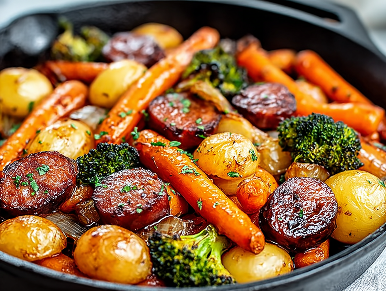 One-Pan Honey Garlic Kielbasa & Veggies in a skillet