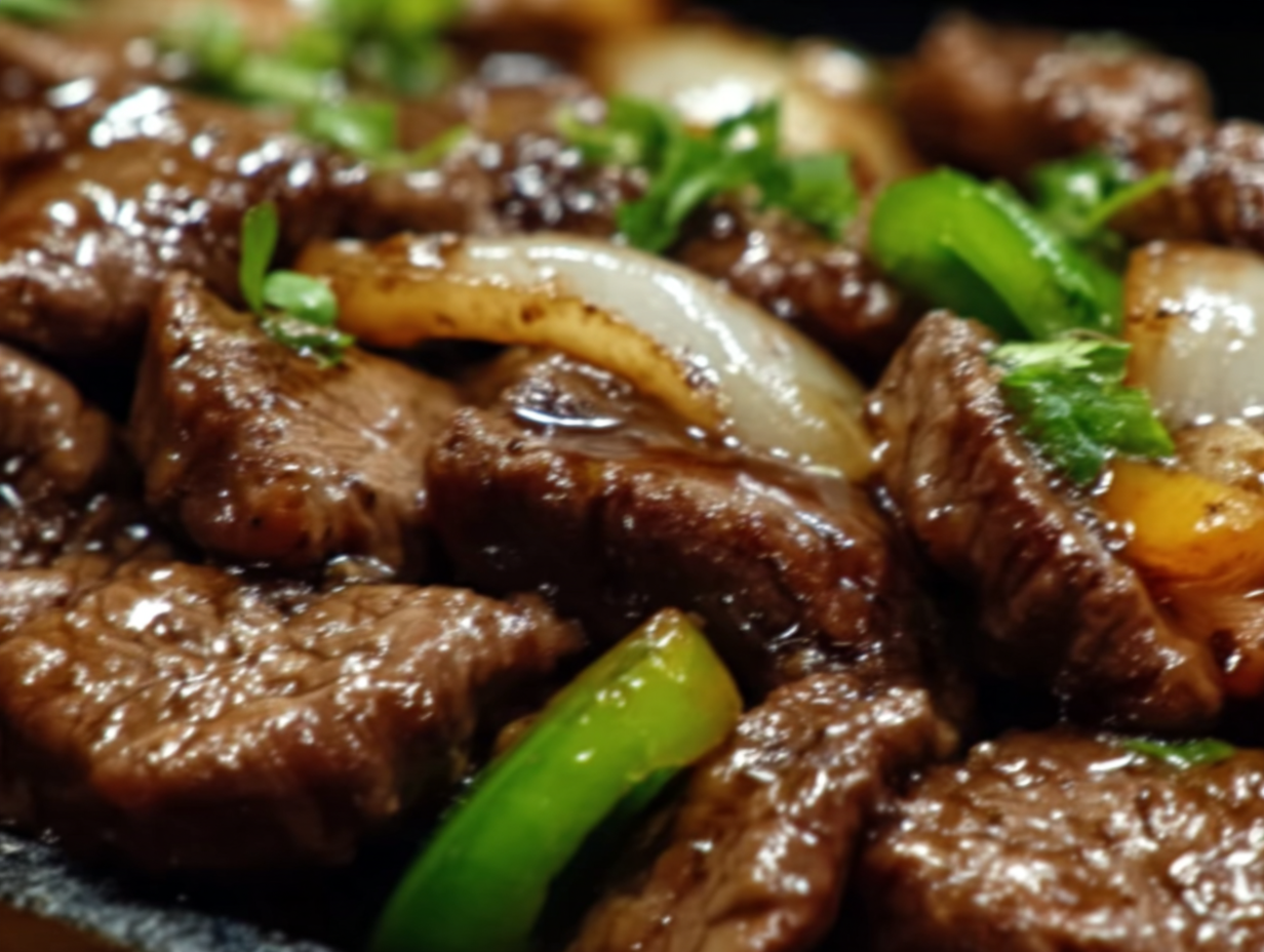 A sizzling pan of Chinese Pepper Steak with onions and peppers, served in a white bowl over rice.