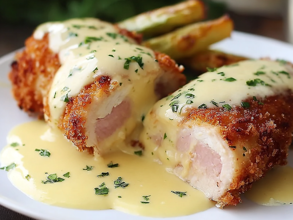 Chicken Cordon Bleu with Swiss Cheese Sauce is delicious.